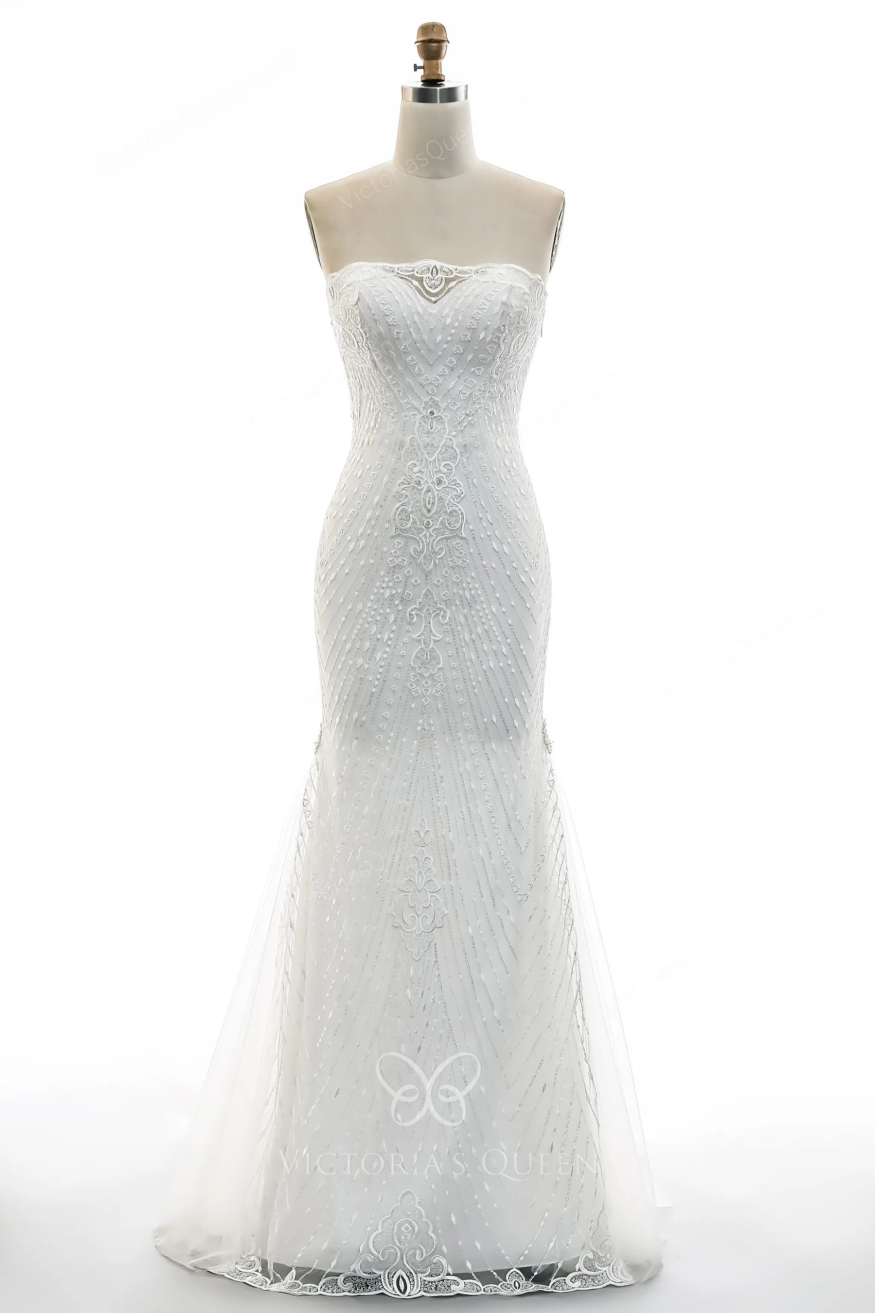 Classic Strapless Beaded Lace Fit-and-Flare Fall Bridal Gown - VQ