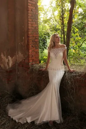romantic off shoulder beaded lace mermaid winter bridal gown