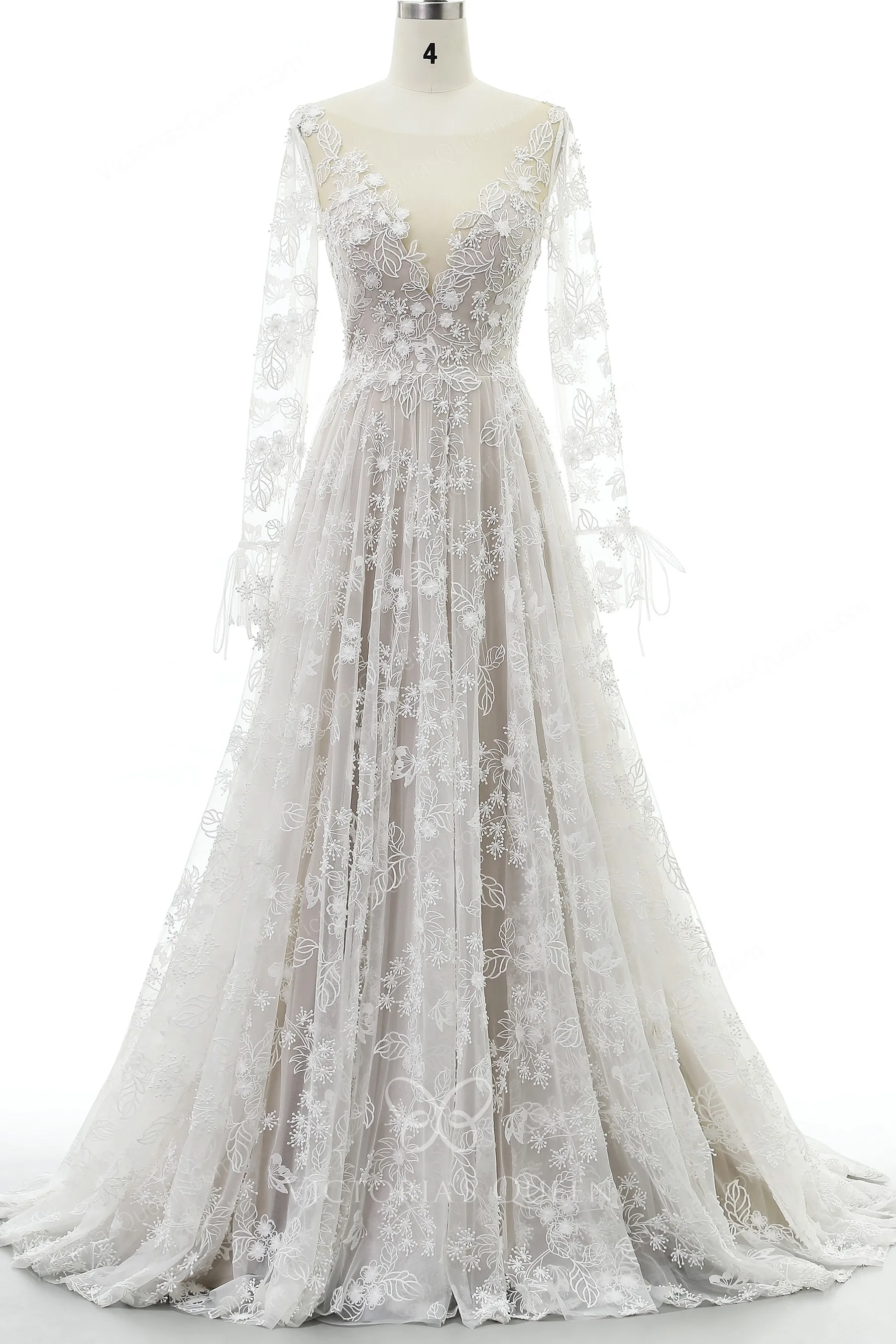 Luxuriant Flower Lace Long Sleeve Aline Spring Wedding Gown VQ