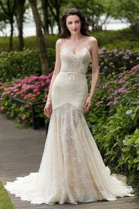 spaghetti strap sheer lace mermaid destination wedding dress