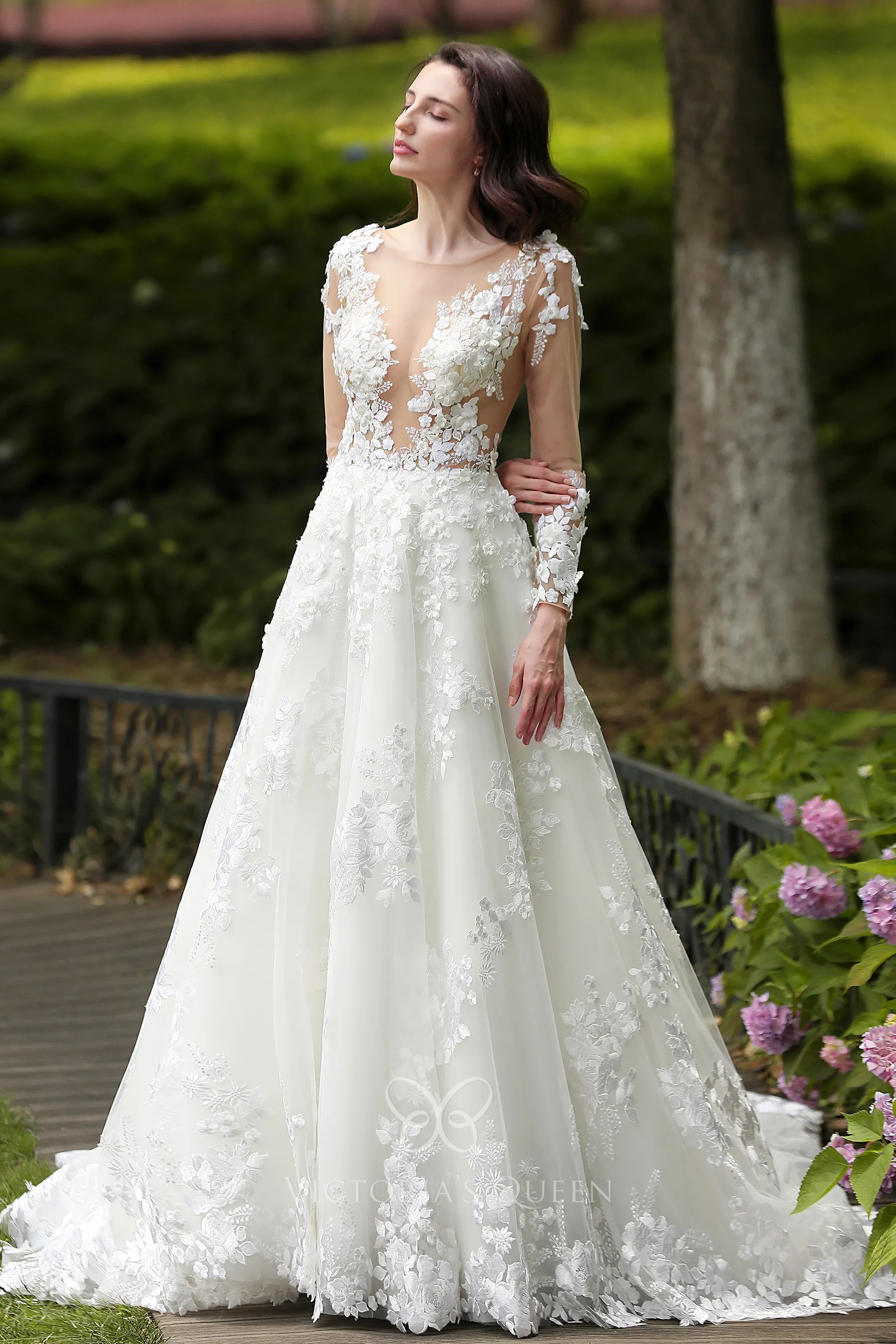 Romantic 3D Lace Flowers Long Sleeve Puffy Wedding Dress - VQ