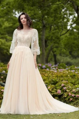 3d butterfly nude tulle long sleeve garden wedding dress