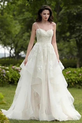 spaghetti strap flounced lace tulle princess wedding gown