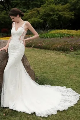 illusion lace v neck sleeveless mermaid modern bridal gown