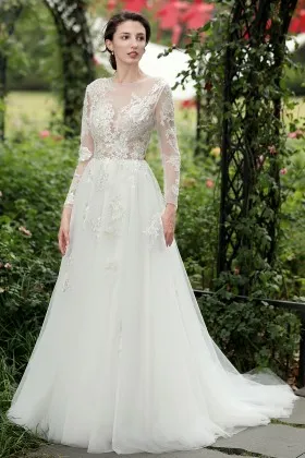 illusion sequinned floral lace long sleeve boho wedding gown