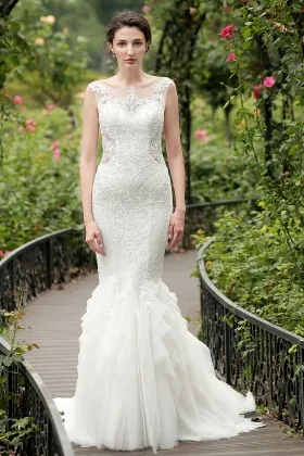 abstract lace flanged tulle mermaid spring wedding dress