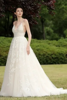 beaded lace nude tulle spaghetti straps a line wedding dress