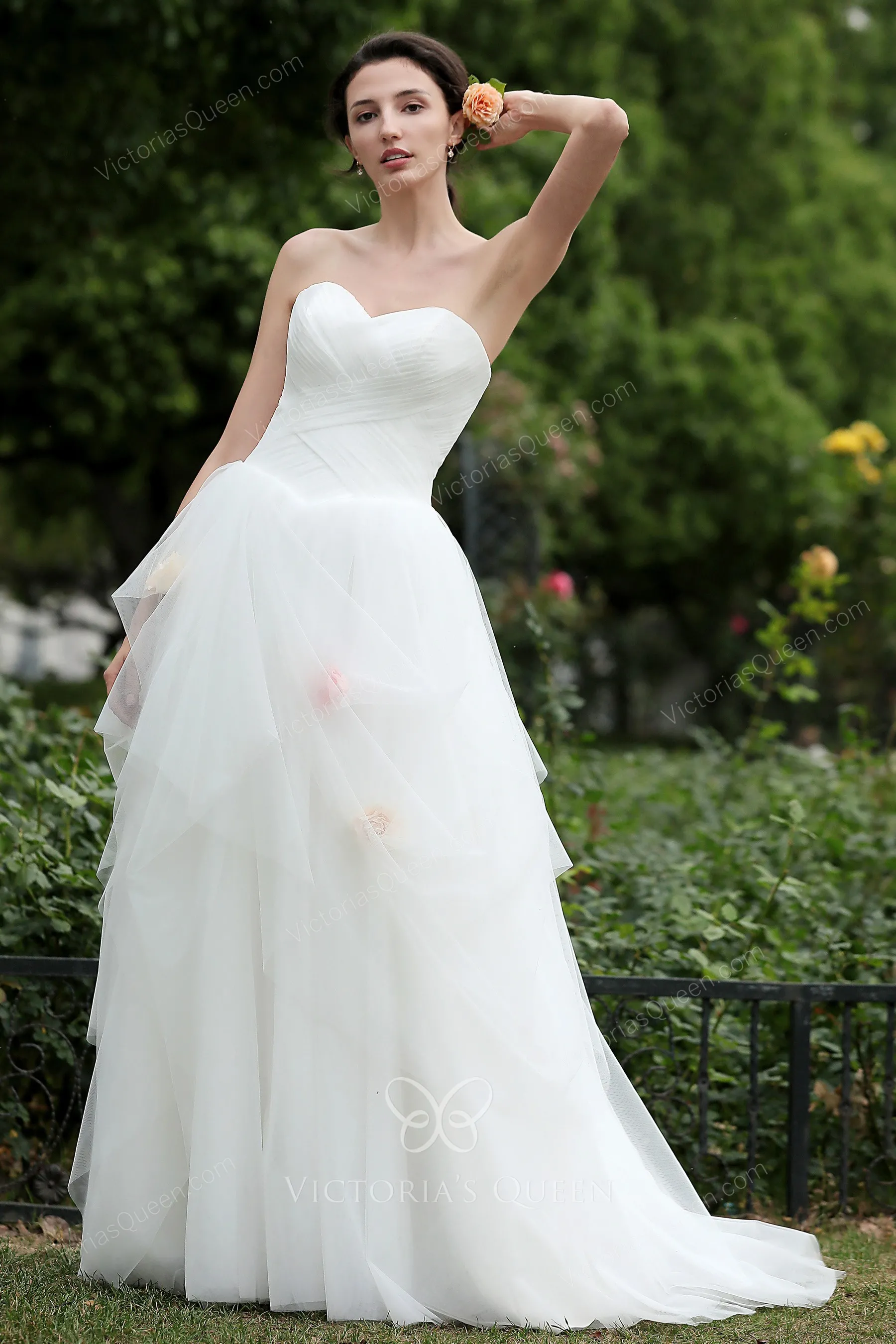 Cute Pleated Tulle Puffy Wedding Dress with Rose Flowers VQ