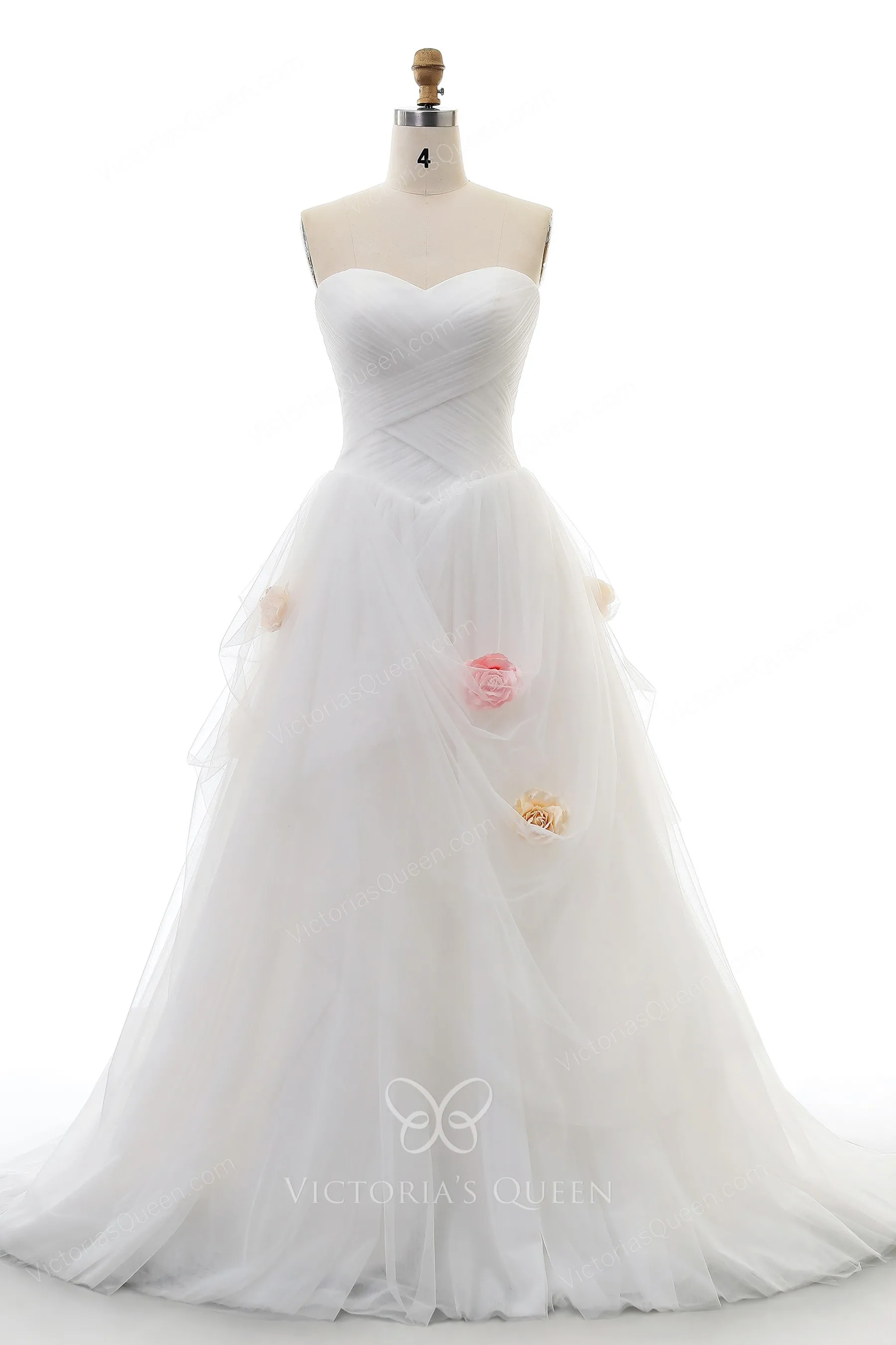 Cute Pleated Tulle Puffy Wedding Dress with Rose Flowers VQ