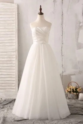 strapless ruched satin and princess A line tulle ivory floor length bridal gown
