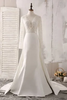 Ivory Lace Scalloped Beaded V Neckline Illusion Long Sleeve Classic Wedding Dress