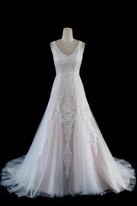 classic pearl pink scalloped floor length wedding dress