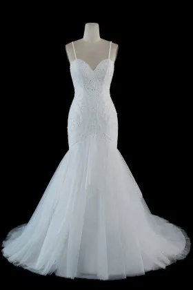 ruffled lace and tulle skirt drop waist wedding dress