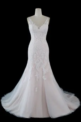 elegant nude pink lining with lace tulle mermaid wedding dress