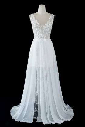 See through White Chiffon and Lace Summer Wedding Dress