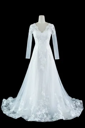 Sheer Long Sleeve Beaded Lace Tulle Wedding Dress