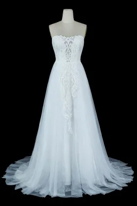 strapless lace appliqued tulle long wedding dress