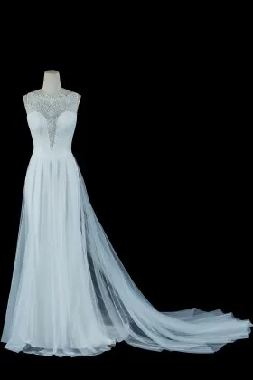 plunging illusion neck tulle overlay long wedding dress