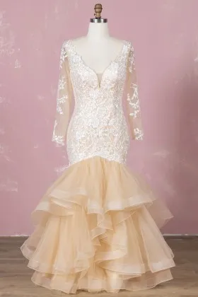 Glamorous champagne nude sleeved trumpet wedding dress