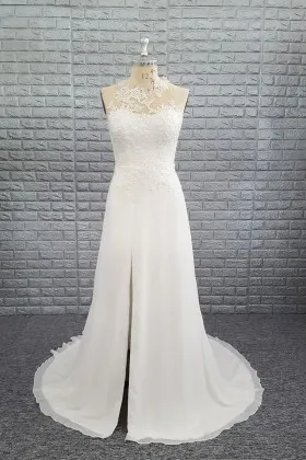 graceful ivory illusion floral lace appliqued sleeveless A line slit wedding dress