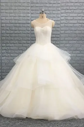 Beaded Illusion Ivory Tiered Organza Ball Gown Wedding Dress with Cathedral Train