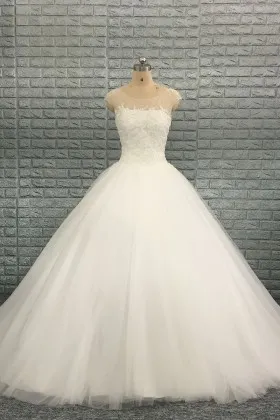 Beaded Illusion Cap Sleeve Ivory Tulle Lace up Princess Ball Gown Wedding Dress