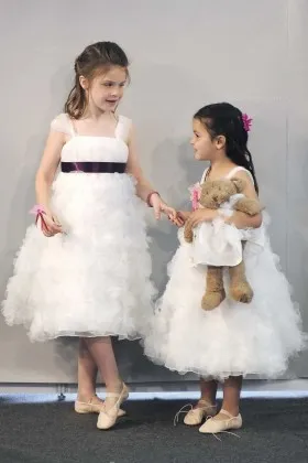 Princess white A line tea length ruffled flower girl dress