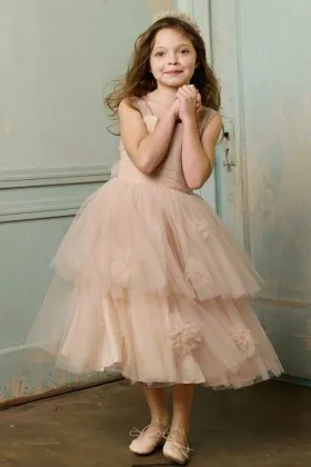 Oatmeal Tulle Shirred Tiered Baby Flower Girl Dress for Wedding