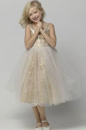 Gold Sequined Tea length Perfect Flower Girl Dress
