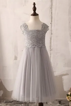 grey lace and tulle tea length graceful flower girl dress