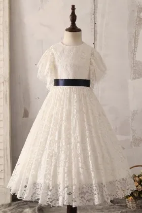 princess ivory lace short flutter sleeve flower girl dress