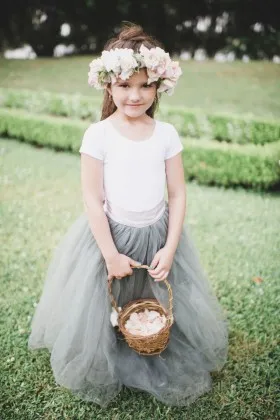 white jersey and smoky gray tulle short sleeve two tone flower girl dress
