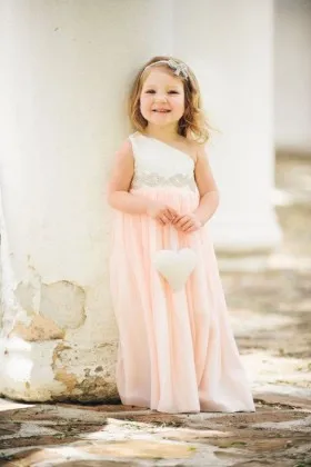 White and pink two tone one shoulder beaded flower girl dress