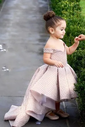 Glitter blushing pink off the shoulder high low flower girl dress for wedding