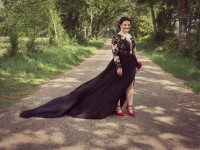 black illusion lace prom dress with long train