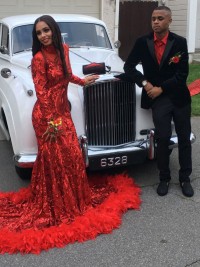 red sequin and feather prom dress 2019