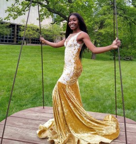 Victorias Queen gold velvet prom dress 2020