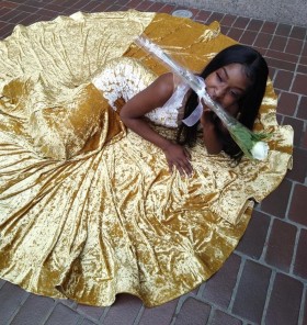 Victorias Queen gold velvet with white lace prom dress