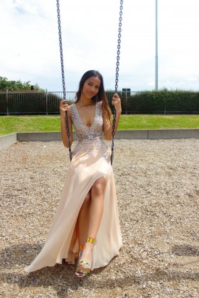 jewel beaded champagne prom dress 2021